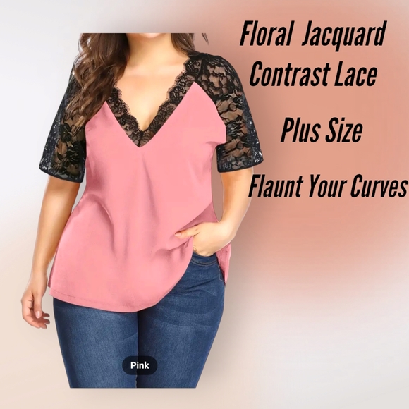 NWT!! Women's Plus Size Pink and Black Jacquard Contrast Lace Casual Fashion Top - Picture 6 of 10